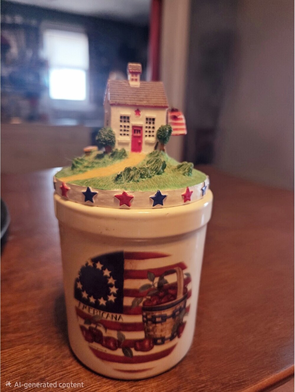 Patriotic 3D house scene on the lid and a matching flag and apple basket design